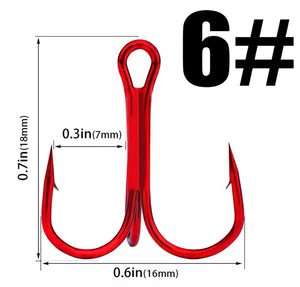 RED High Carbon Steel Treble Hooks.Micro Barbed-10 per Pack.