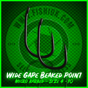 Wide Gape Beaked Point Carp Hooks. Micro Barbed.