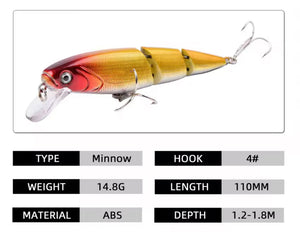 Multi Section Hard Minnow Lure-3D Fish Eyes-15g 10.5cm-Various Colours.