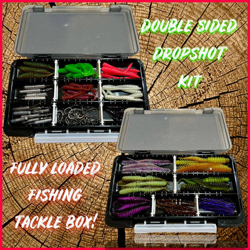 Double-sided dropshot fishing tackle box packed with lures, perfect for perch, pike, and chub fishing. Great gift for lure fishing enthusiasts.