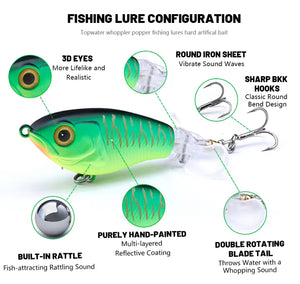 Topwater Whopper Popper Fishing Lure. Rotating Double Propeller Tail Floating Wobbler 17g 10cm. Rainbow trout