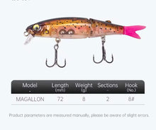 Load image into Gallery viewer, Swimbait Minnow Style Lure 72mm 8g Hard Jointed Body. Green/Silver/Yellow