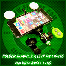 Load image into Gallery viewer, Phone Holder With Dual Clip On Led Lights, Remote and Wide i Lens.