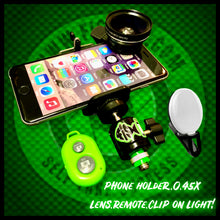 Load image into Gallery viewer, Phone Holder With Clip On Led Light . 0.45x Super Wide Lens &amp; Remote