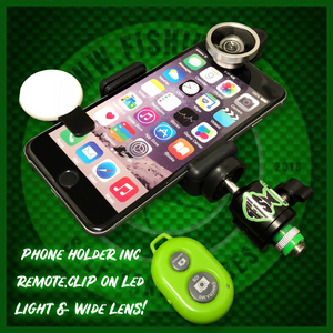 Phone Holder With Clip On L.e.d Light, Remote And Wide i Lens.