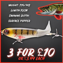 Load image into Gallery viewer, Topwater Whopper Popper Fishing Lure. Rotating Double Propeller Tail Floating
Wobbler 17g 10cm. Perch