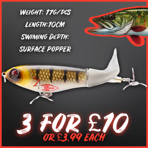 Topwater Whopper Popper Fishing Lure. Rotating Double Propeller Tail Floating
Wobbler 17g 10cm. Perch