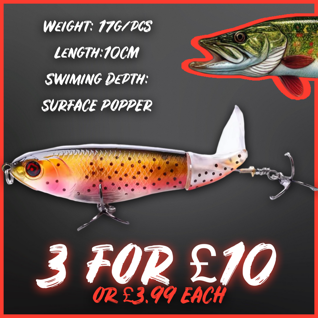 Topwater Whopper Popper Fishing Lure. Rotating Double Propeller Tail Floating Wobbler 17g 10cm. Rainbow trout