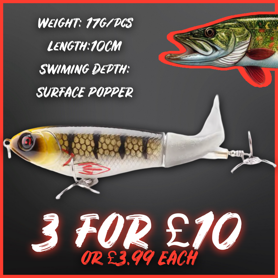 Topwater Whopper Popper Fishing Lure. Rotating Double Propeller Tail Floating
Wobbler 17g 10cm. Perch