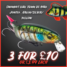 Load image into Gallery viewer, Swimbait Minnow Style Lure 72mm 8g Hard Jointed Body. Green/Silver/Yellow