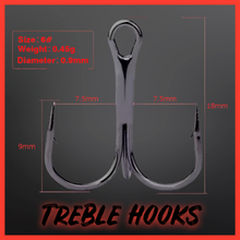 Load image into Gallery viewer, Black High Carbon Steel Treble Hooks.Micro Barbed-10 per Pack.