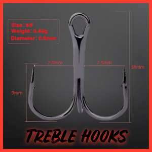 Black High Carbon Steel Treble Hooks.Micro Barbed-10 per Pack.