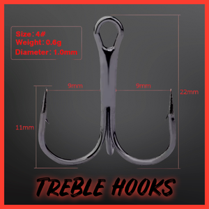 Black High Carbon Steel Treble Hooks.Micro Barbed-10 per Pack.