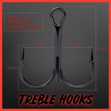 Load image into Gallery viewer, Black High Carbon Steel Treble Hooks.Micro Barbed-10 per Pack.