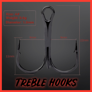 Black High Carbon Steel Treble Hooks.Micro Barbed-10 per Pack.